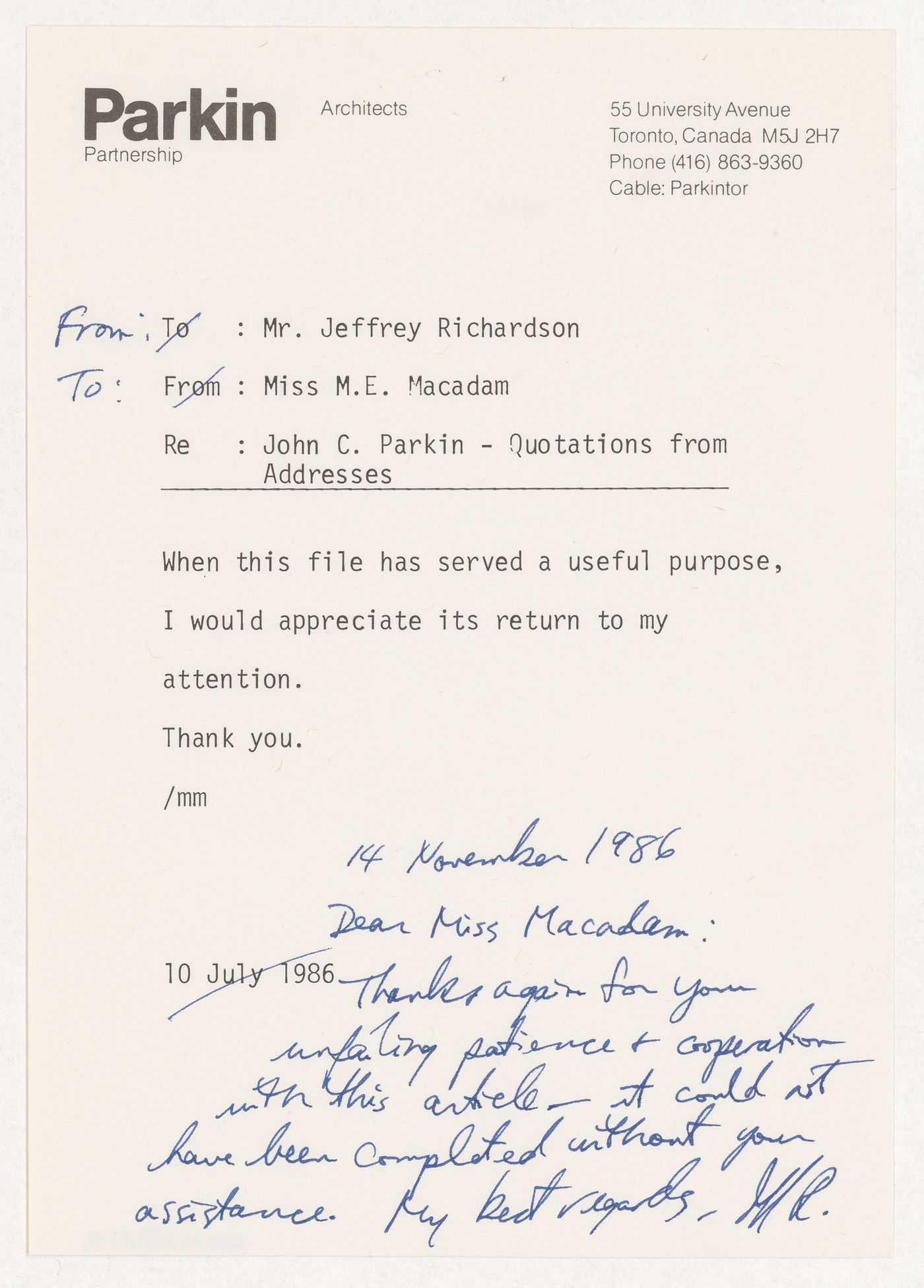 Correspondence regarding the file "John C. Parkin - Quotations from Addresses"