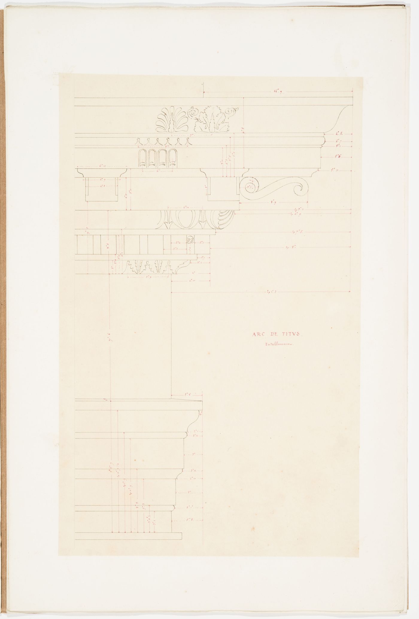 Elevation of an entablature showing molding details from the Arch of Titus, Rome