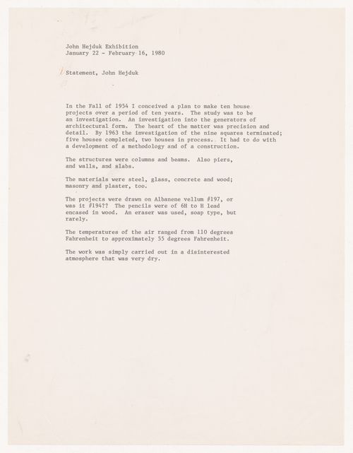 Statement by John Hejduk for exhibition of January 22 - February 16, 1980 (from the project file Exhibition Catalogues)