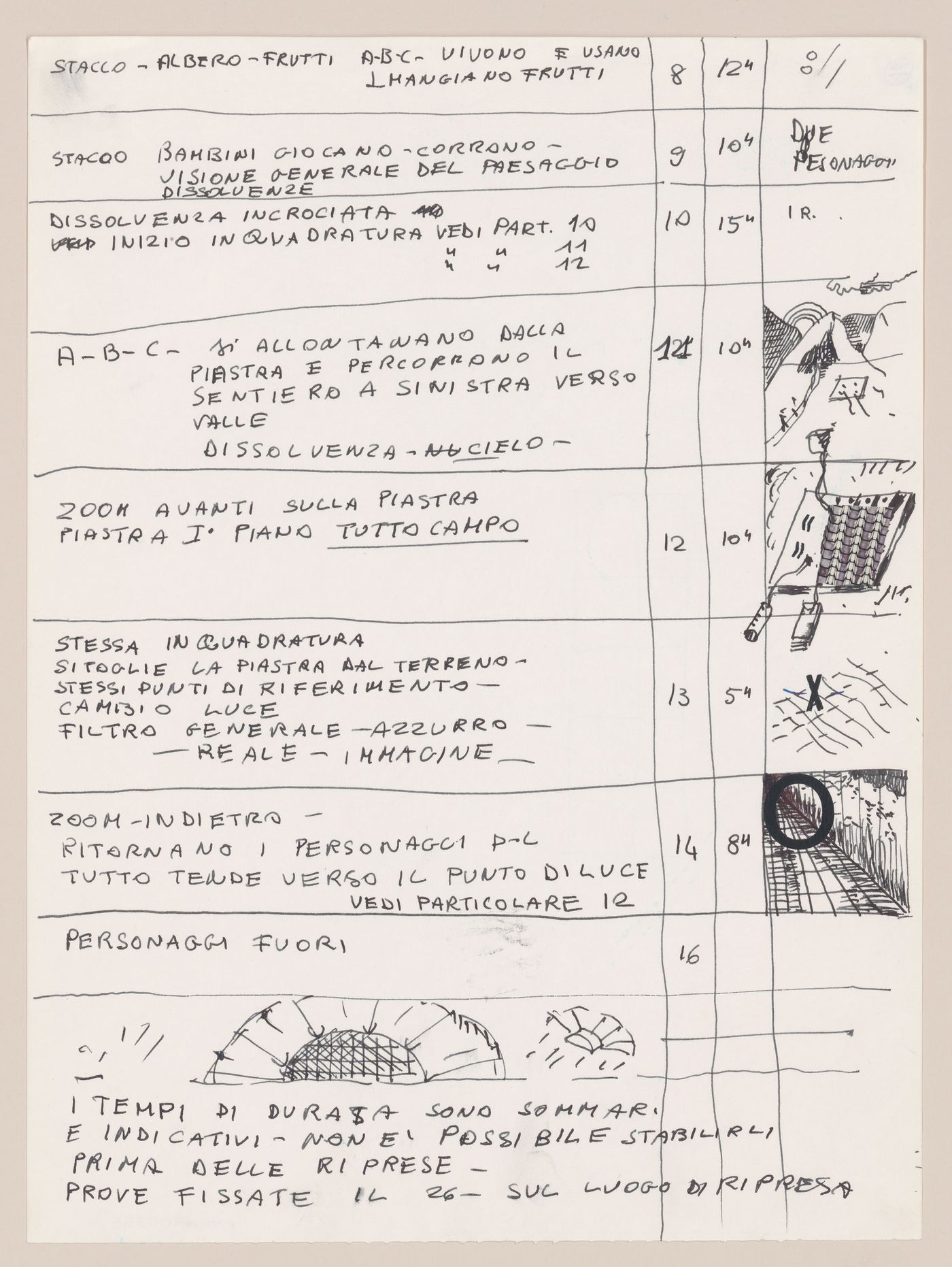 Page 2 of a storyboard with filming instructions, techniques, and durations for various scenes for Supersuperficie [Supersurface]