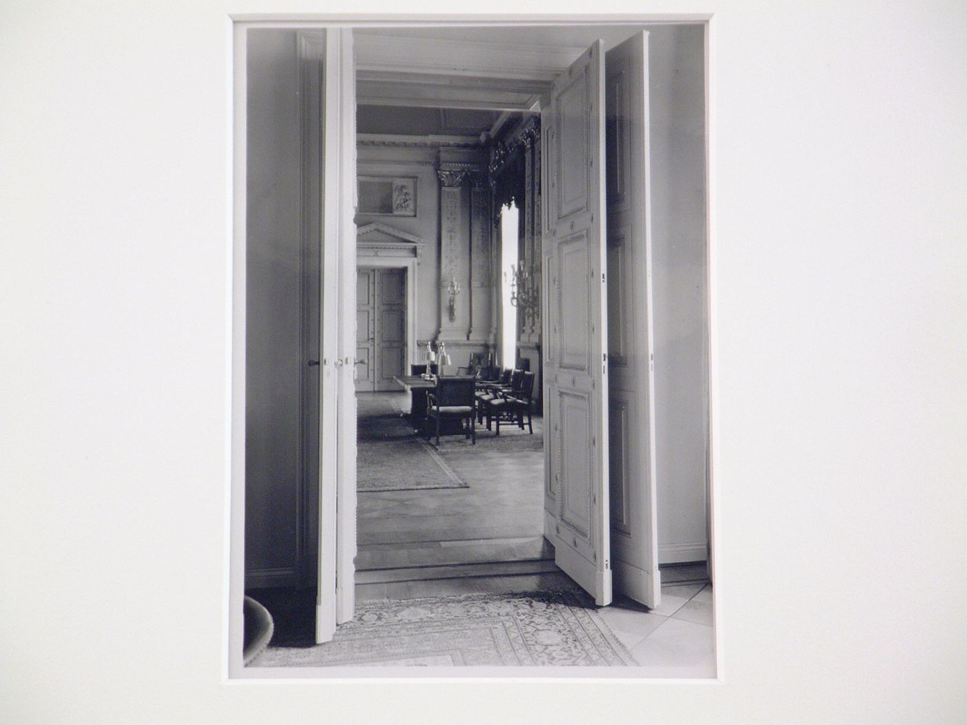 Interior of Chancellery view through doorway into room with long table and many chairs, Berlin, Germany