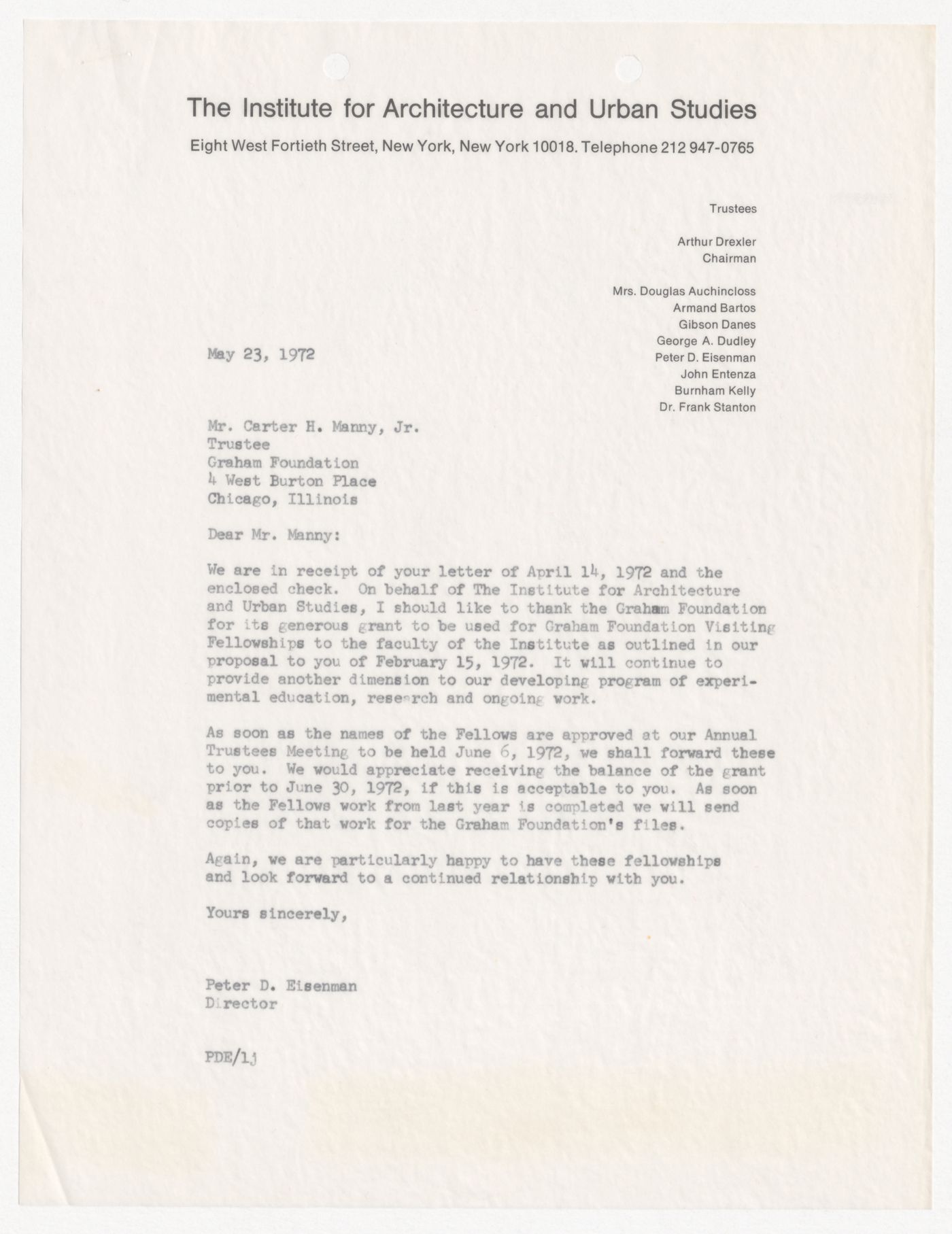 Letter from Peter D. Eisenman to Carter H. Manny Jr. acknowledging grant from the Graham Foundation