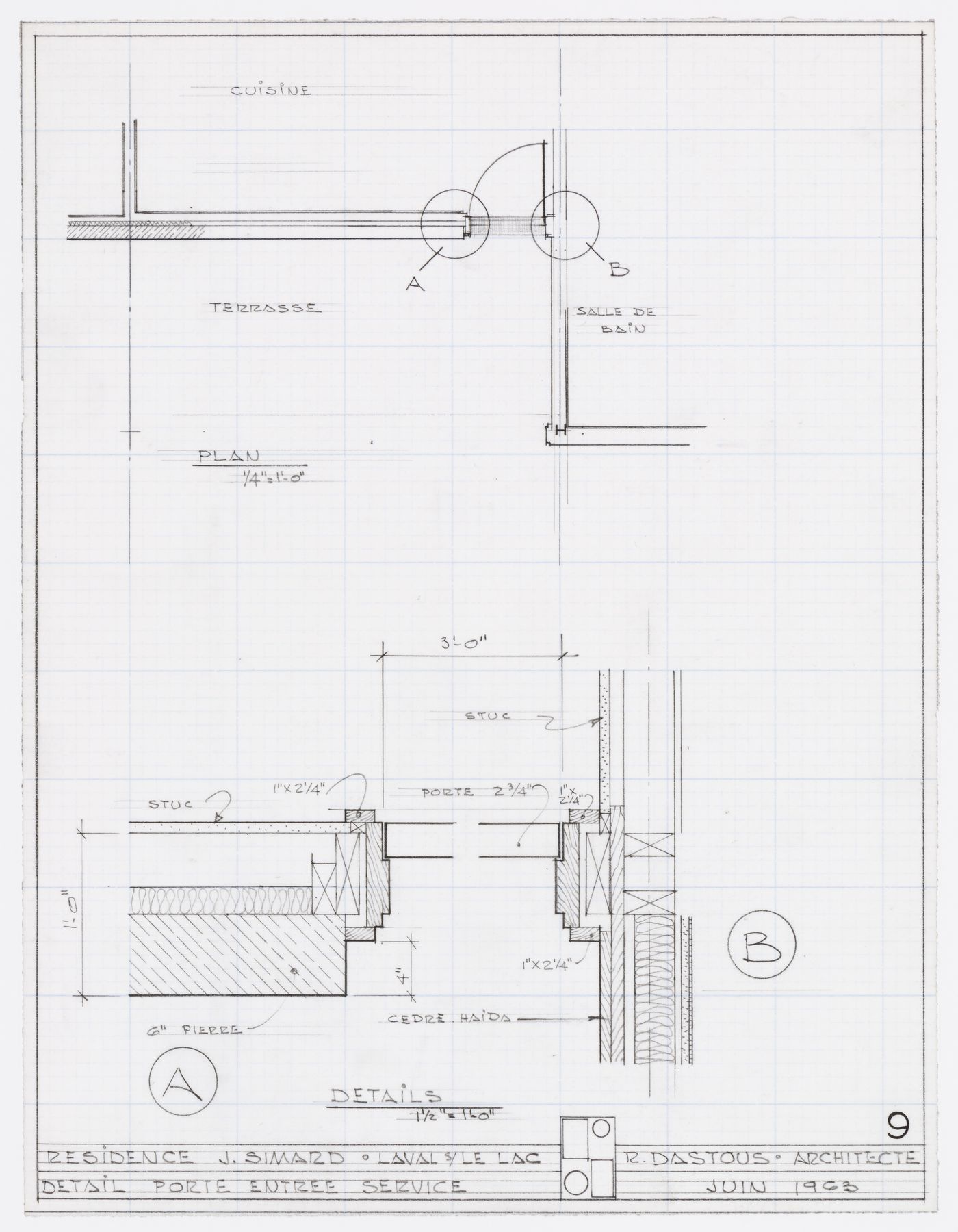 Plan et détails de la porte d'entrée de service pour Résidence Jean Simard, Laval-sur-le-Lac, Québec