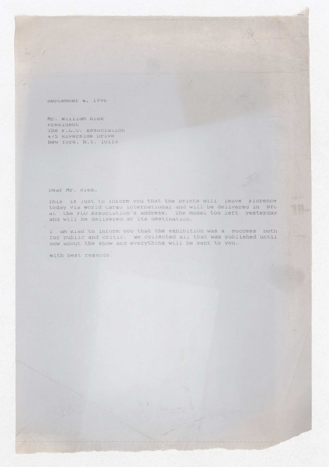 Correspondence with William Alex for the exhibition Olmsted: L'origine del parco urbano e del parco naturale contemporaneo