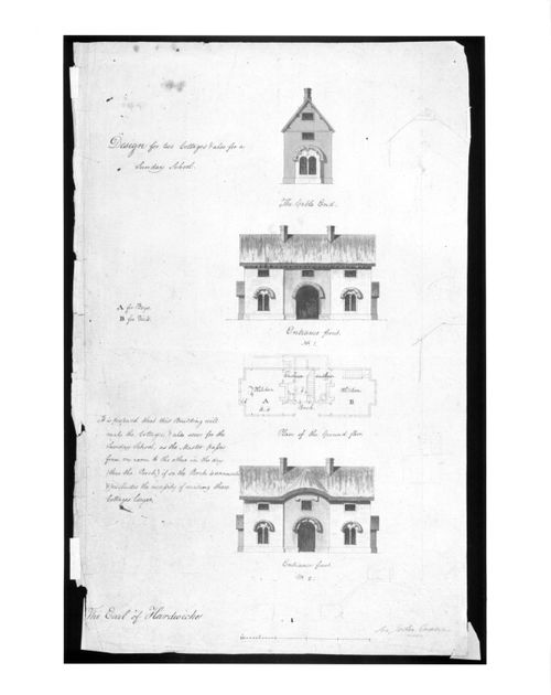 Wimpole Hall, Cambridgeshire, England: Elevations and plan for a double cottage and Sunday school