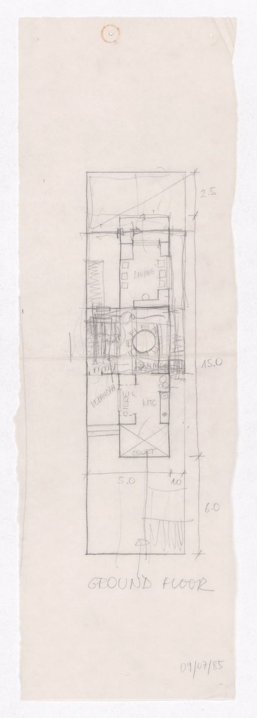 Sketch floor plan of house for Minimum Cost Housing Group's plot in Aranya township, India, for Aranya Housing Project