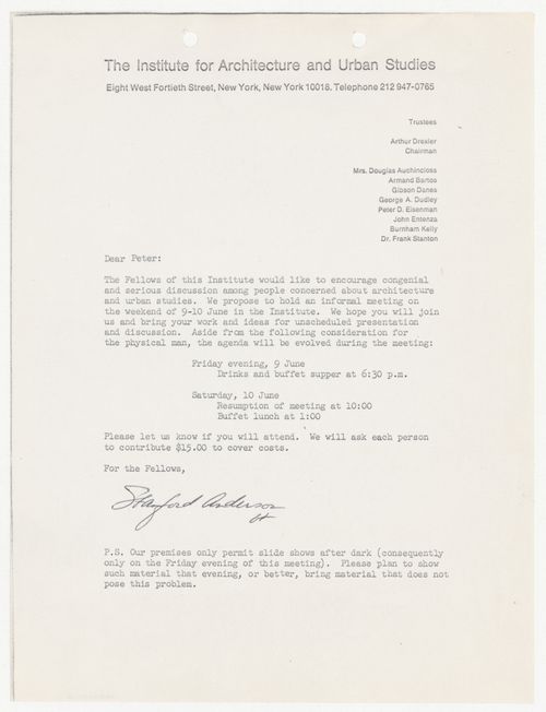 Memorandum from Stanford Anderson to Peter D. Eisenman about an informal meeting of the Fellows