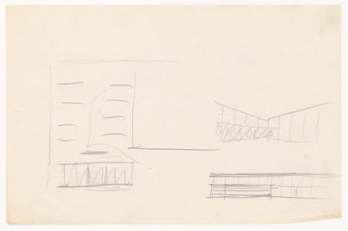 Partial sketch plan, interior perspective sketch and partial sketch elevation for a campus building for Illinois Institute of Technology
