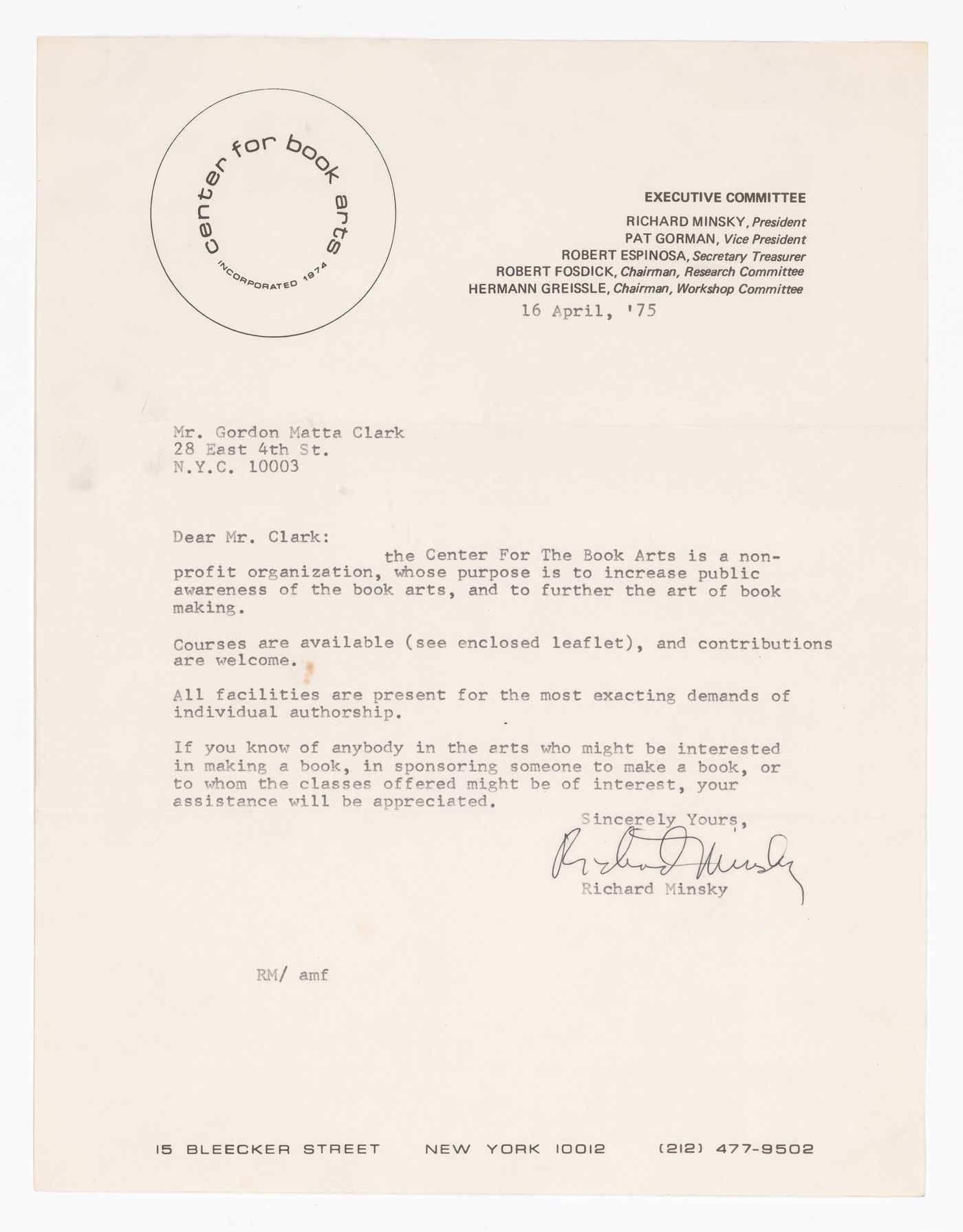 Letter from Richard Minsky to Gordon Matta-Clark