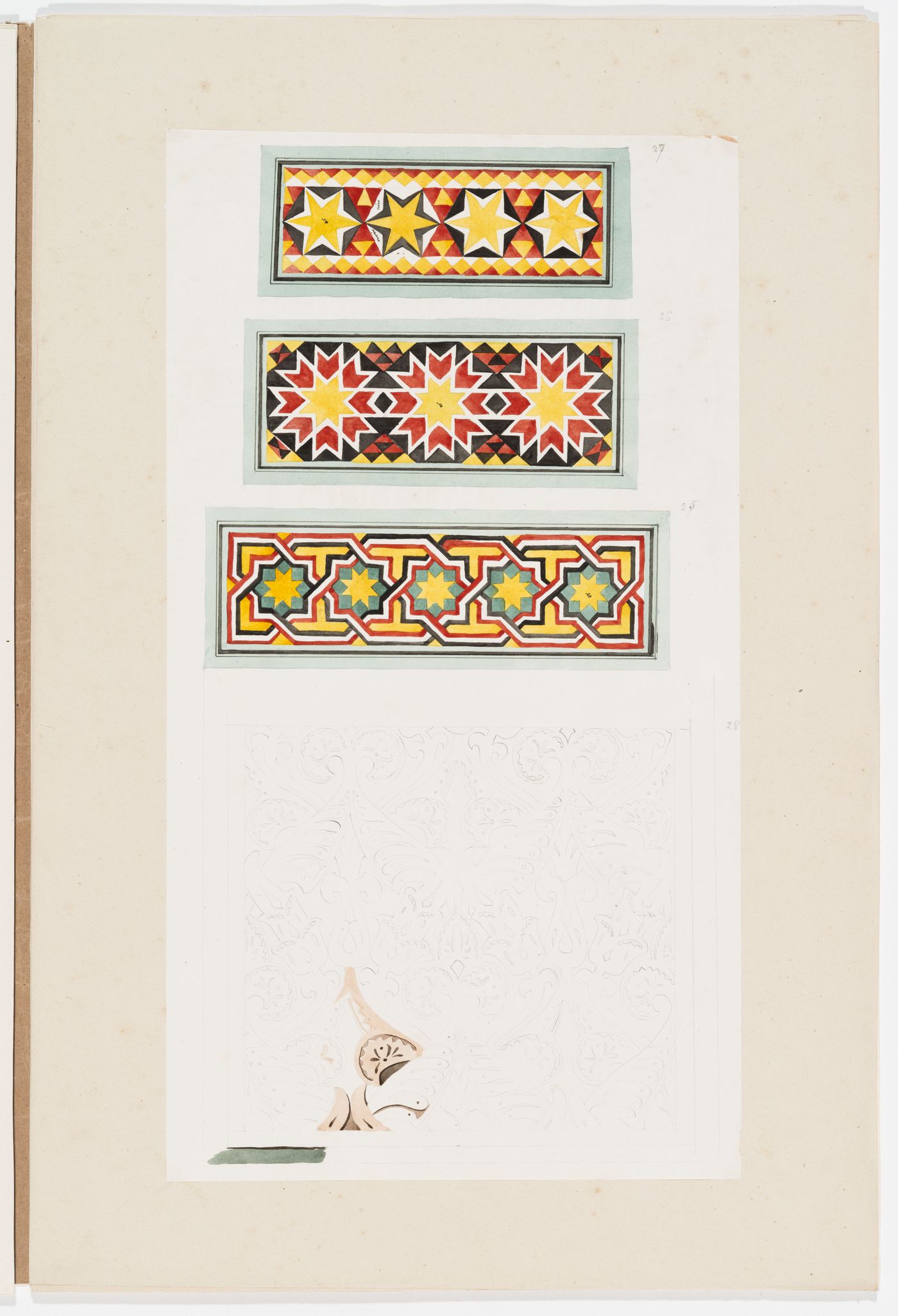 Ornament drawing of three panels decorated with geometric patterns, mainly stars, and some interlacing lines, and a panel decorated with foliage