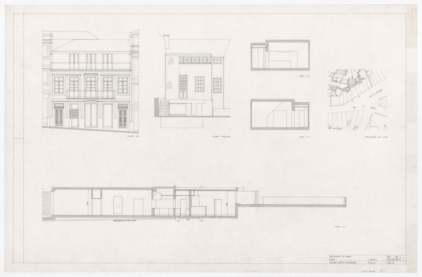 Elevations, floor plans, sections, and site plan for Recuperação do Restaurante Pai Ramiro, Porto, Portugal
