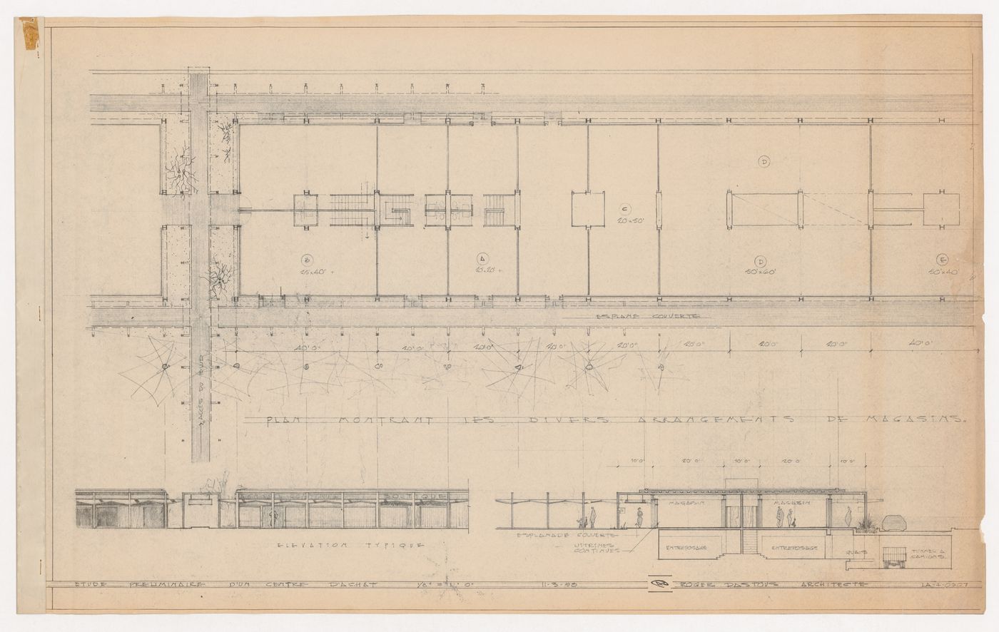 Plan, élévation et coupe pour le Centre d'achat "Nordique", Montréal, Québec