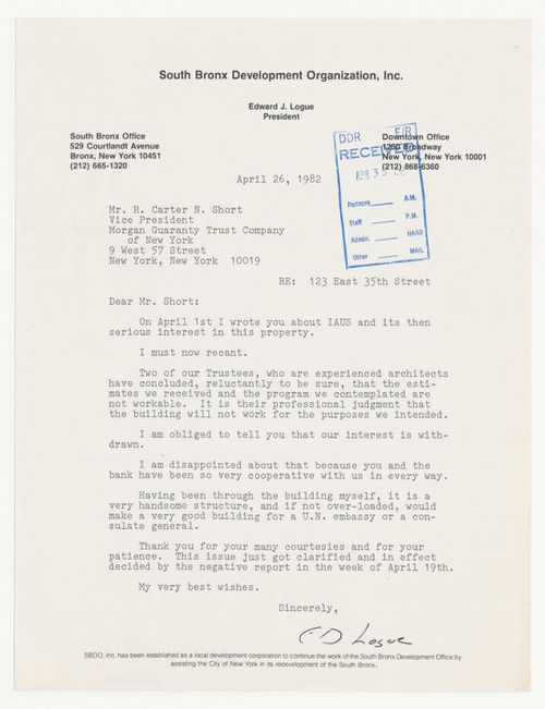 Letter from Edward J. Logue to R. Carter N. Short about property at 123 East 35th Street