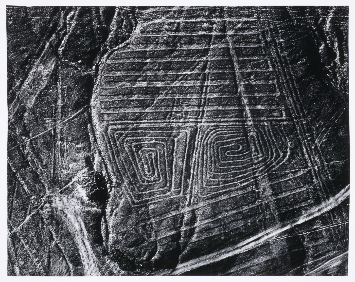 Aerial view of the ancient earthwork "Squared Spirals", Nazca, Peru