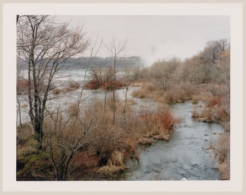 Viewing Olmsted: View from bridge towards falls, Goat Island, Niagara Reservation, Niagara Falls, New York, United States