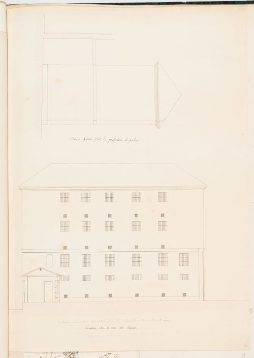 Project for the enlargement of the prison near the Préfecture de police, rue de Jérusalem, Paris: Elevations for the façade facing the "cour des écuries"