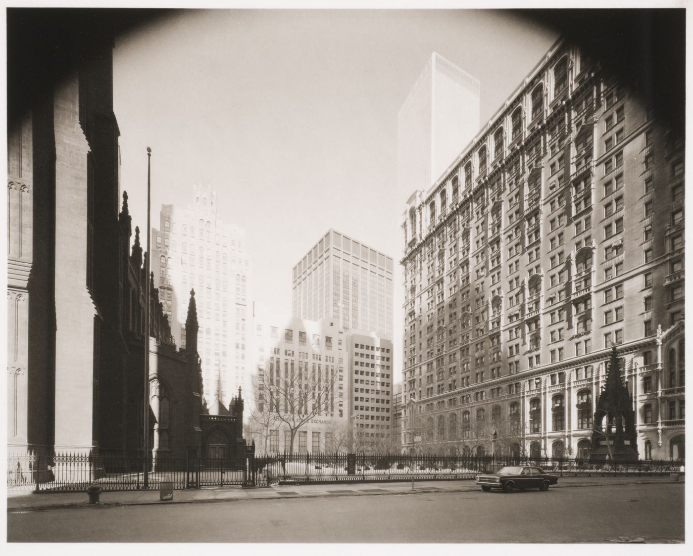 Partial view of Trinity Church and cemetery from Broadway, New York City, New York