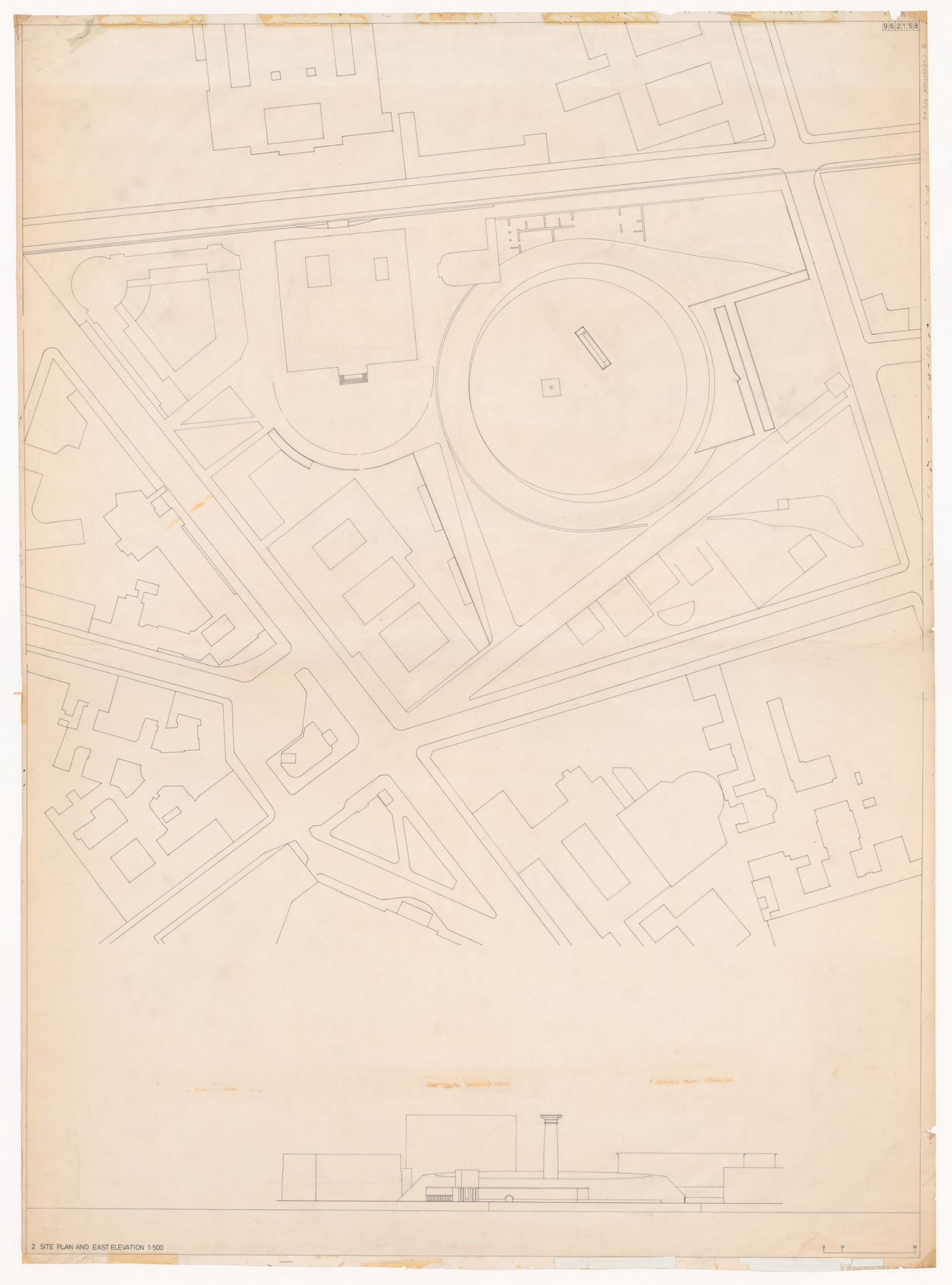 Site plan and east elevation for Monumento às vítimas da Gestapo [Monument to Gestapo victims], Prinz-Albrecht-Palais, Berlin, Germany