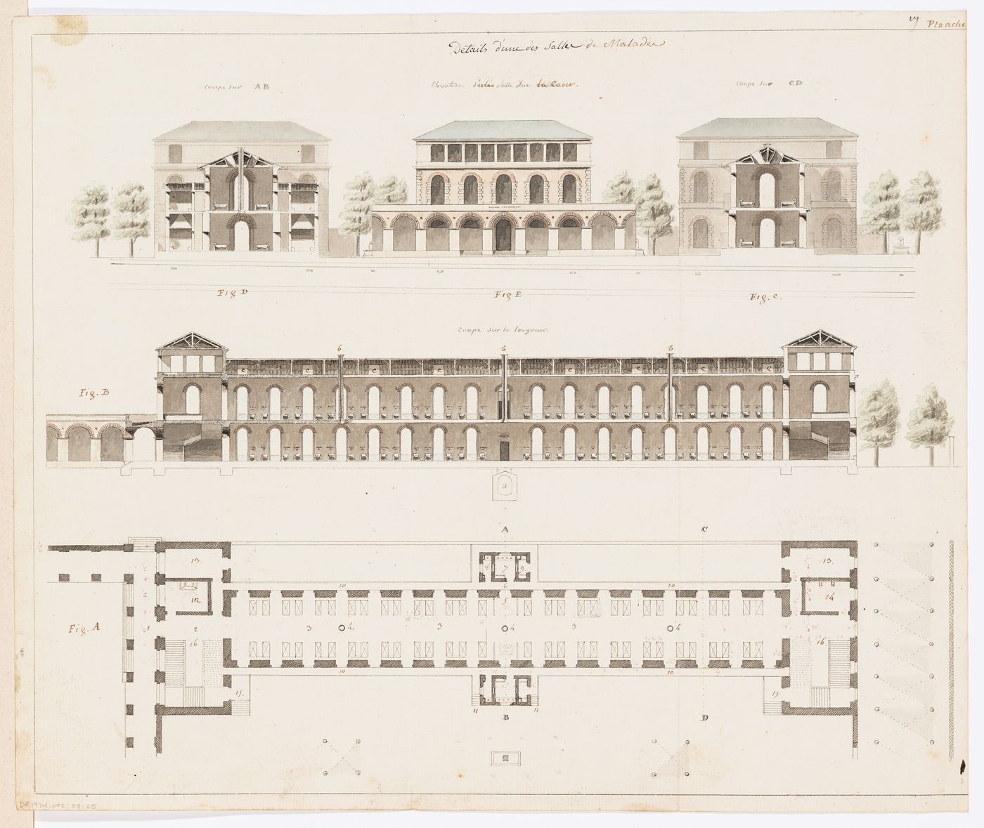 Ideal hospital for 1000 to 1200 patients, Paris: Sections, elevation, and plan