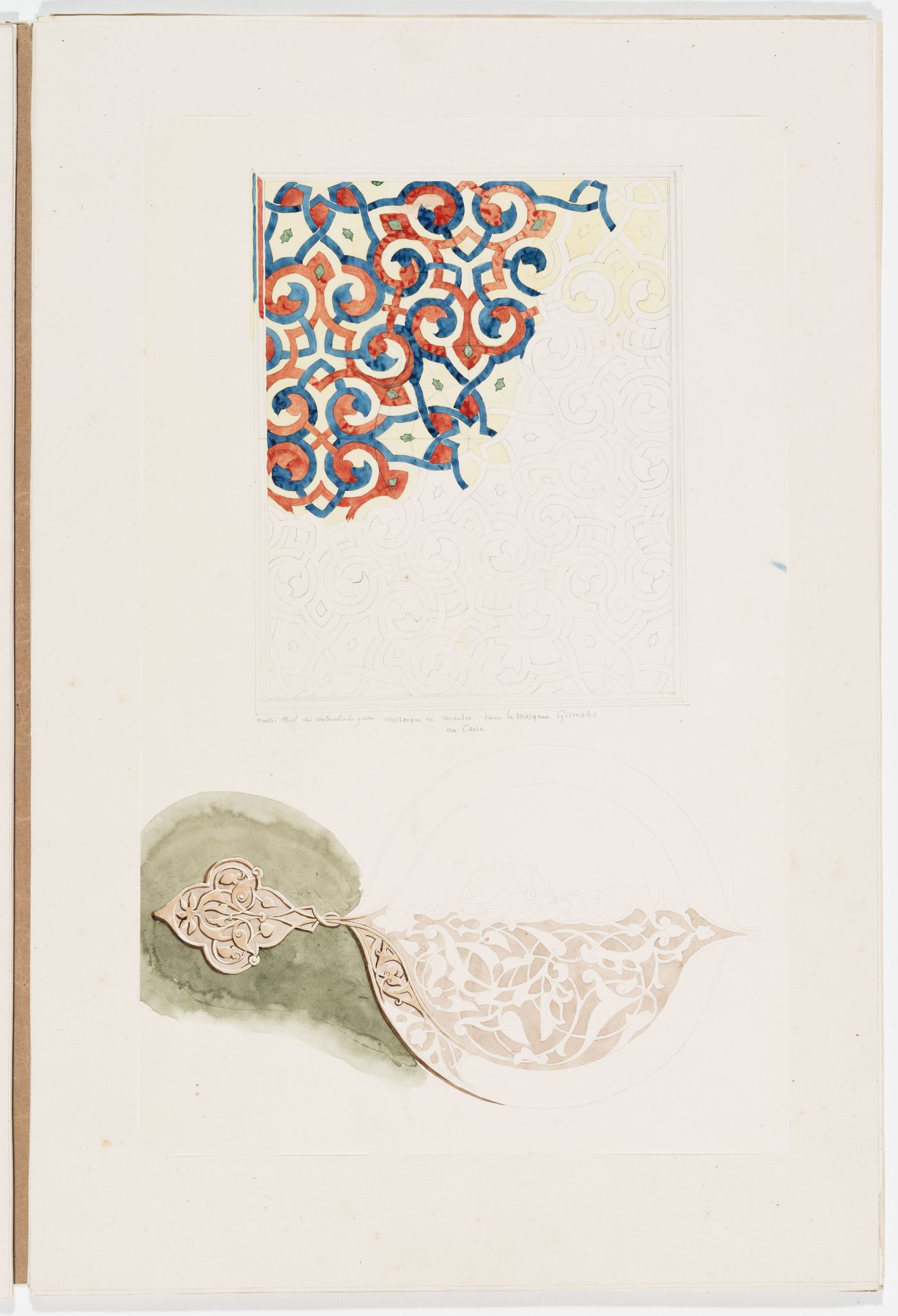 Ornament drawing of a marble mosaic of interlacing pattern from the Mosque, Gismahs, Cairo and a leaf-shaped panel [?] decorated with interlacing foliage, probably Islamic