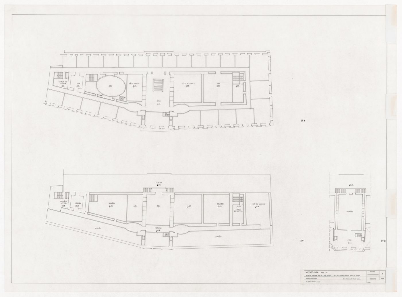 Eighth, ninth, and tenth floor plans for Recuperaçäo do Edifício dos Grandes Armazéns, Bloco C, Reconstrução do Chiado, Lisbon, Portugal