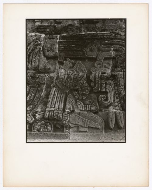 Close-up view of a pyramid, possibly known as the Pyramid of the Feathered Serpent, showing sculptural details, Xochicalco Site, Xochicalco, Mexico