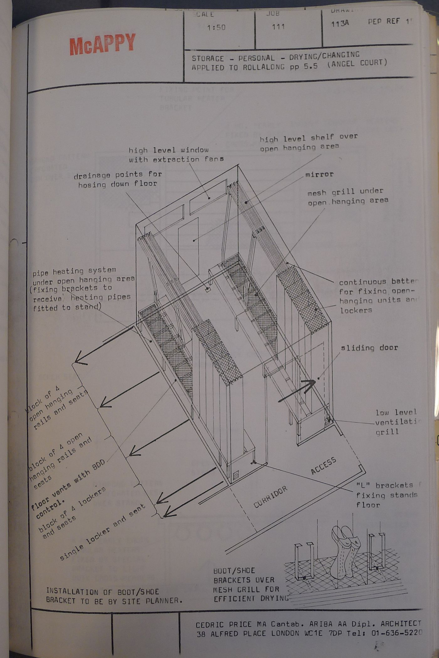 McAppy: axonometric for personal storage, drying and changing room with axonometric for boot/shoe bracket