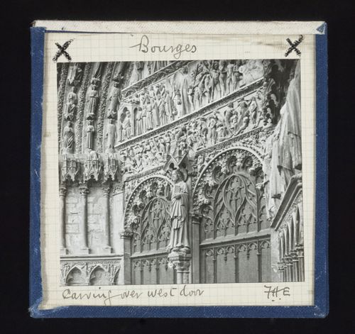 Detail view of west portal with relief scultpure, Cathédrale Saint-Etienne de Bourges, Bourges, France