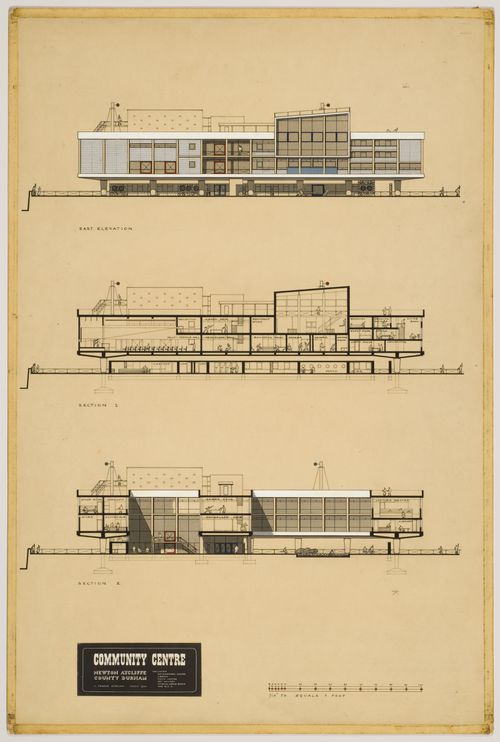 Town centre and community centre, Newton Aycliffe, England (thesis, Liverpool School of Architecture): elevation and sections