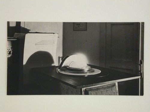 Photograph of a glass and metal [?] model for the first round of competition for a "synthetic theater" in Sverdlovsk, Soviet Union (now Ekaterinburg, Russia)