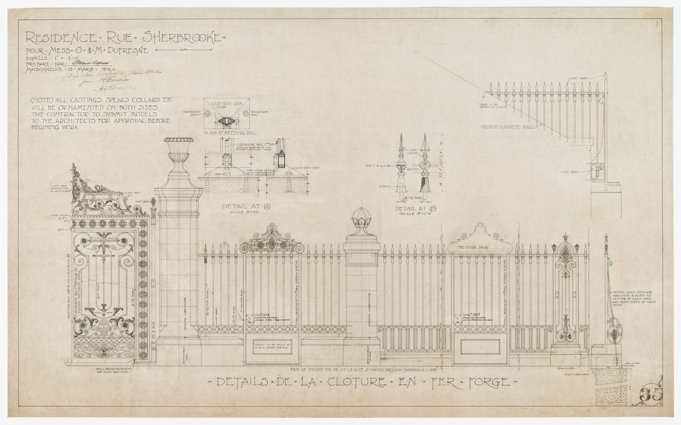 Résidence pour Oscar et Marius Dufresne, rue Sherbrooke, Montréal, Québec : détails de la clôture en fer forgé