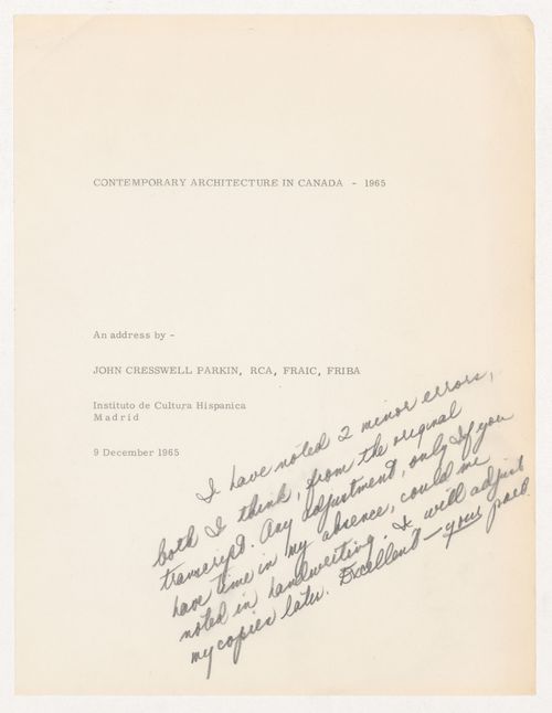 "Contempory Architecture in Canada" address given by Parkin at the Instituto de Cultura Hispanica in Madrid