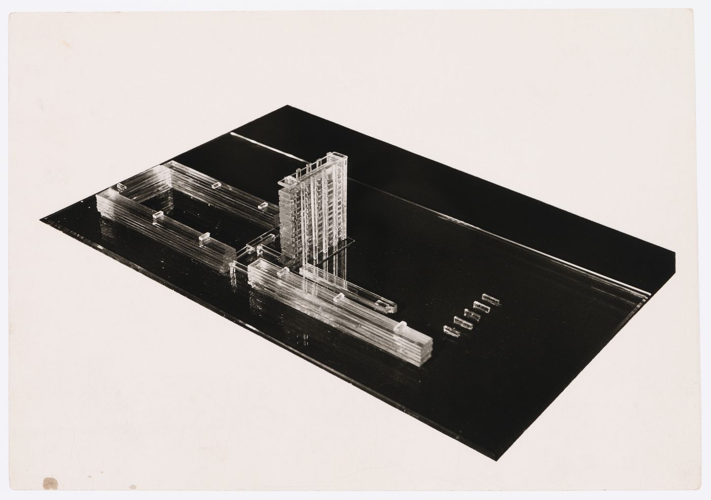 Photograph of a glass model for the Building of Industry, Sverdlovsk, Soviet Union (now Ekaterinburg, Russia)