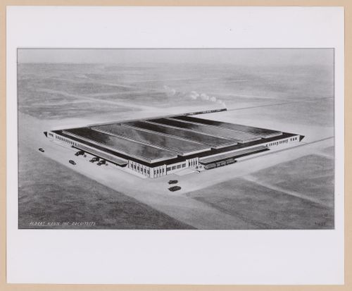 Photograph of an bird's-eye perspective drawing for or of a storehouse, United States Army Base, Duncanville [?], Texas