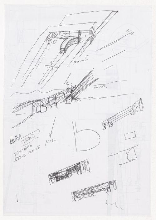 Sketch axonometric views for Cais de embarque para european architects, Salonica, Greece; verso: Sections with sketches for for Cais de embarque para european architects, Salonica, Greece