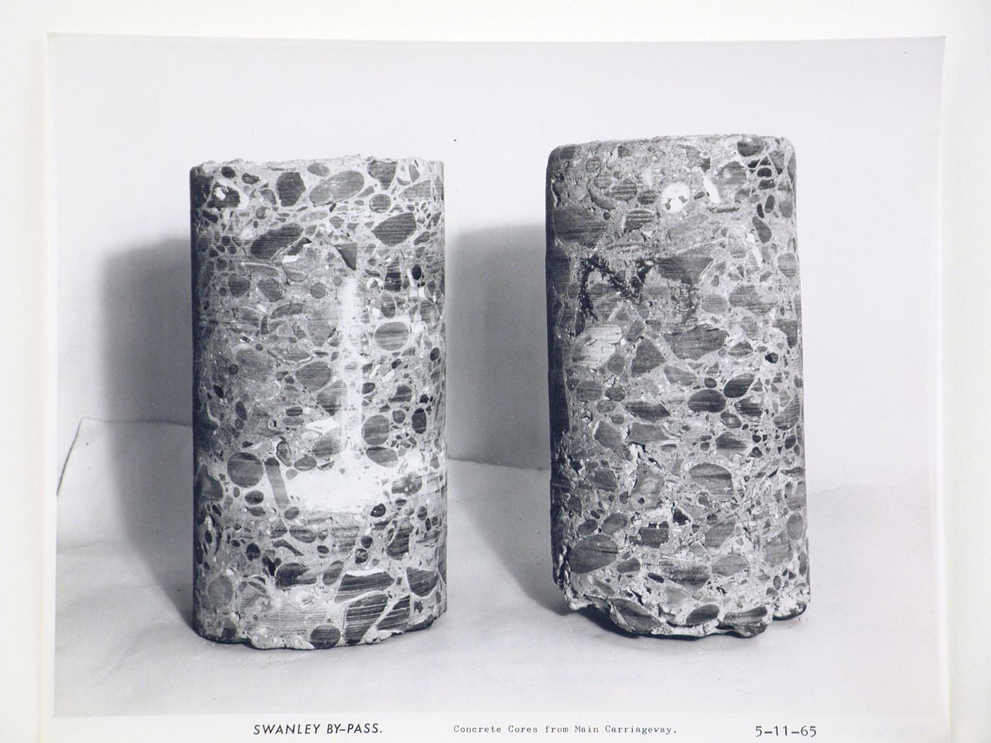 Studio view of concrete cores from main carriageway of the Swanley Bypass, England