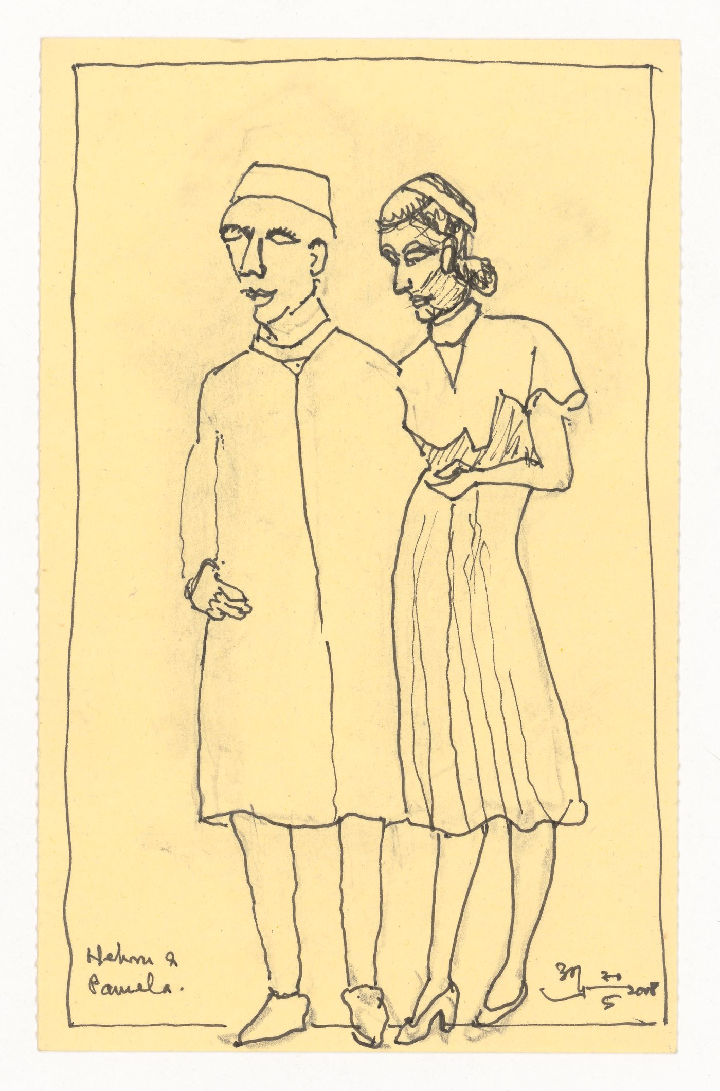 Postcard with Prime Minister Jawaharlal Nehru and Pamela Mountbatten drawn by Aditya Prakash