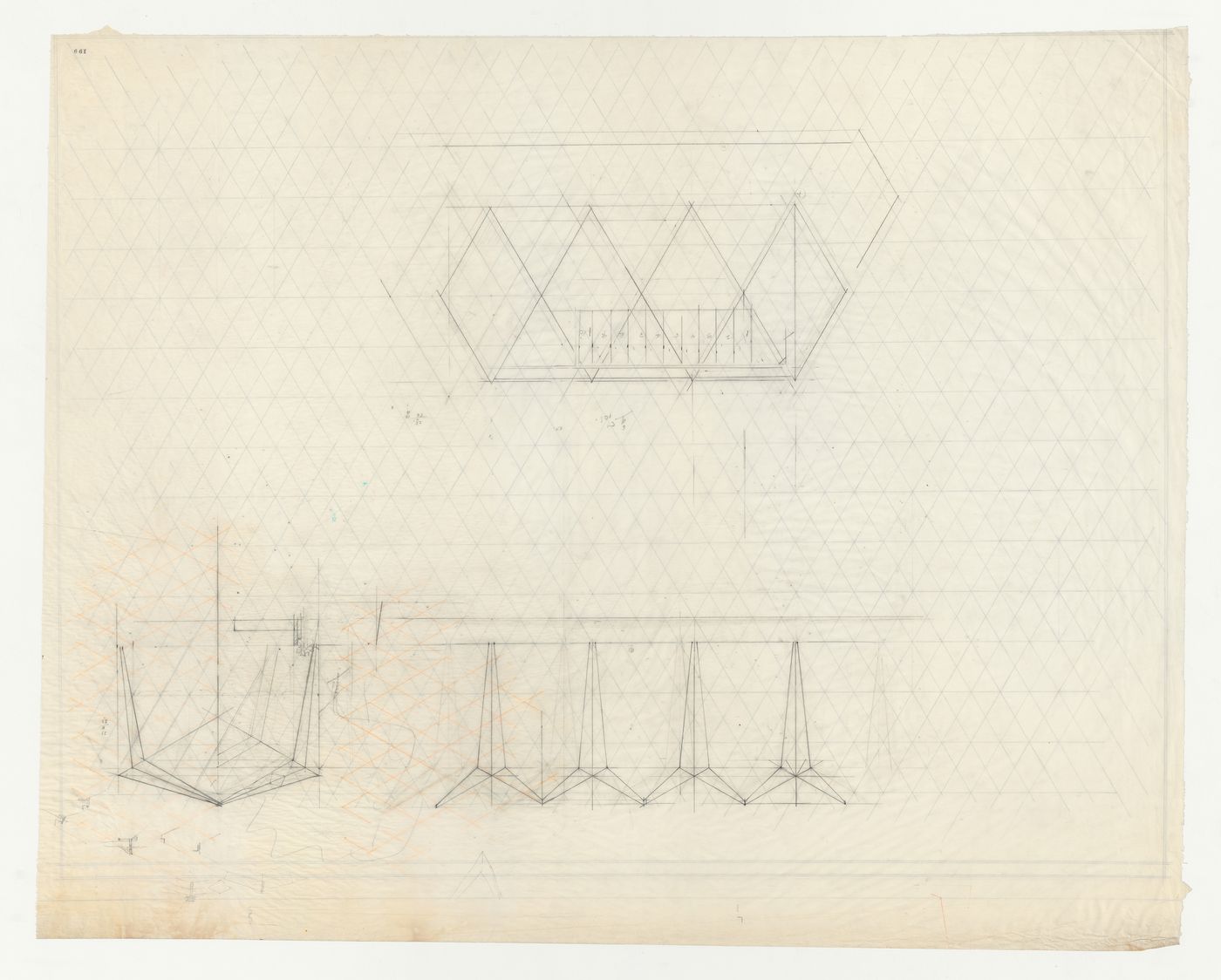 Wayfarers' Chapel, Palos Verdes, California: Elevation, section and plan developed on an equilateral paralellogram grid, with sketches for trusses and truss joints