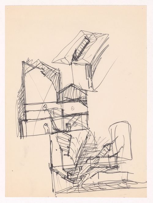 Sketch perspective, axonometric view and section for Banco Borges & Irmão, Vila do Conde, Portugal