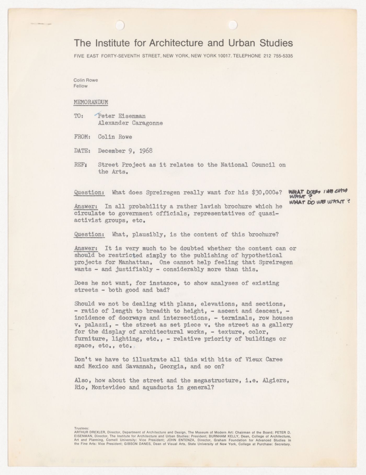 Memorandum from Colin Rowe to Peter D. Eisenman and Alexander Caragonne about IAUS Street Project with annotations by Peter D. Eisenman