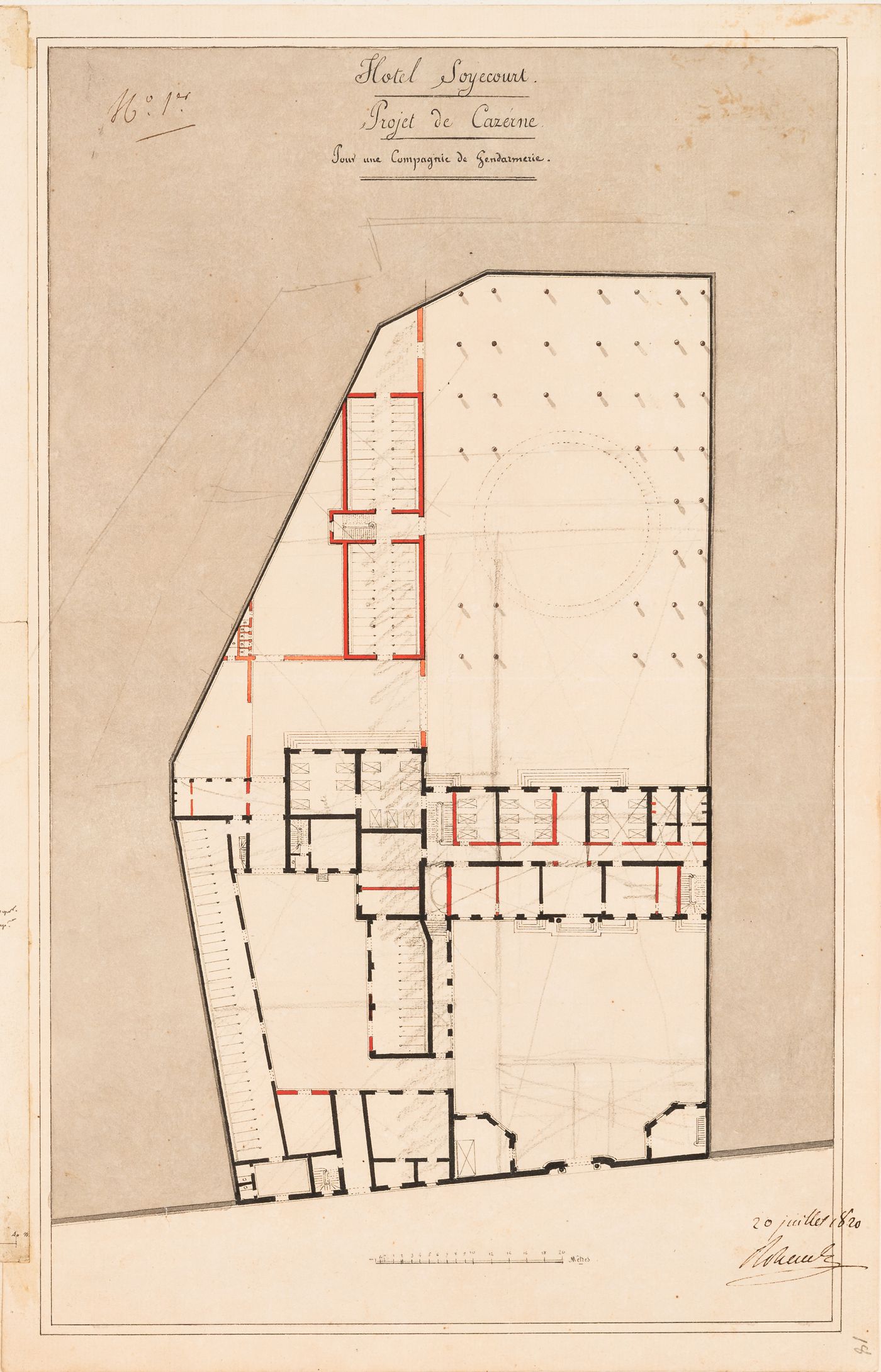 Project for the conversion of Hôtel Soyécourt, Paris, into barracks to house a company of gendarmes: Ground floor plan
