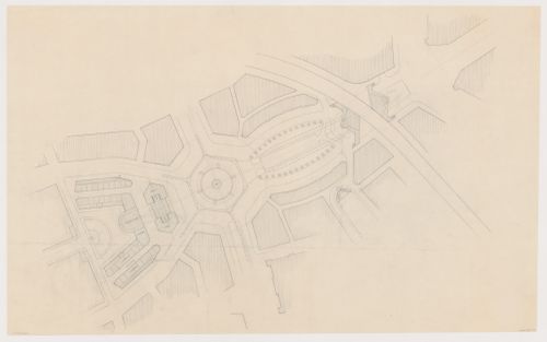 Site plan for the reconstruction of the Hofplein (city centre) showing Industriegebouw Plan A, other mixed-use developments, monument plaza and Café Viaduct, Rotterdam, Netherlands