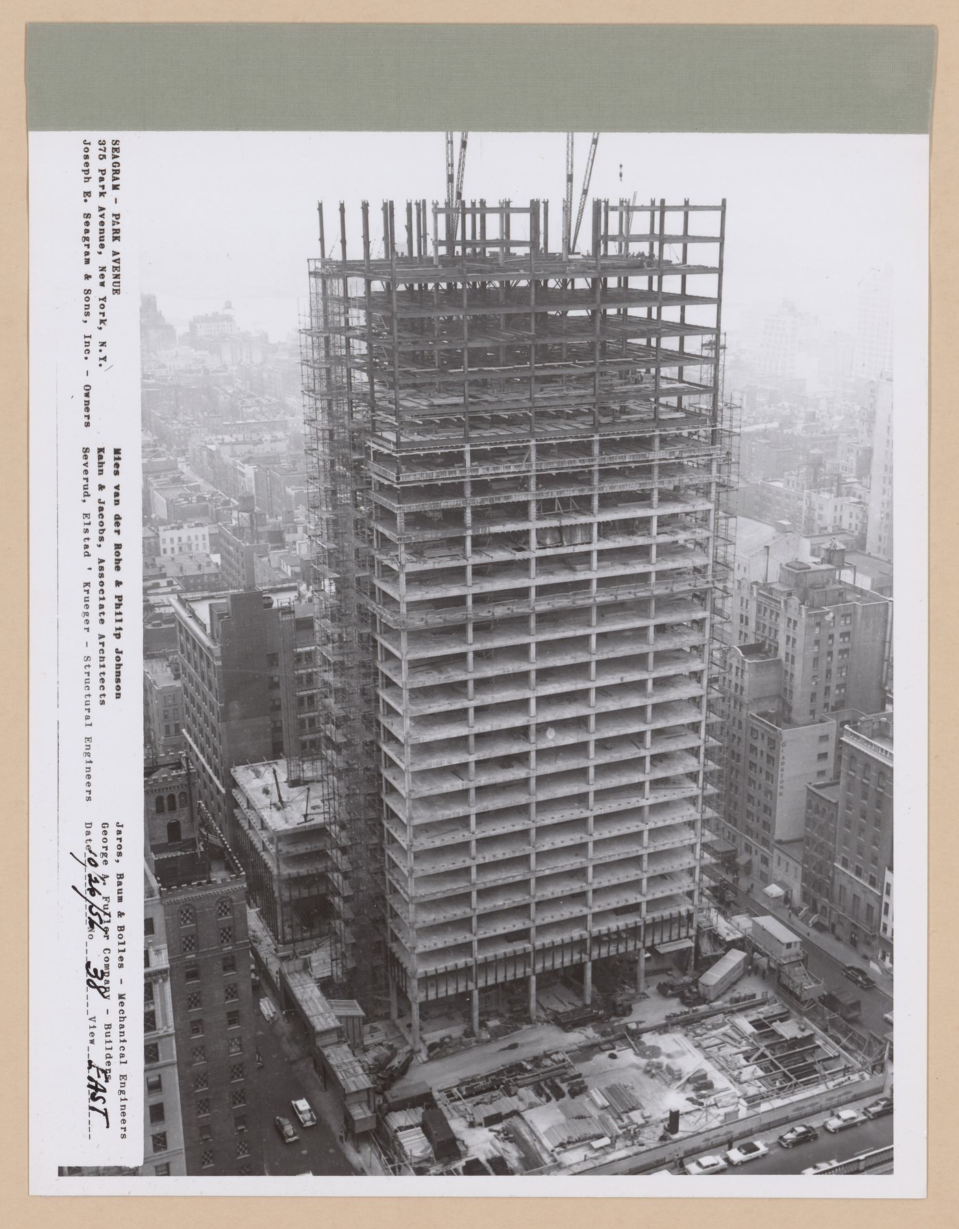 Seagram building under construction, 375 Park avenue, New York, N.Y., east view