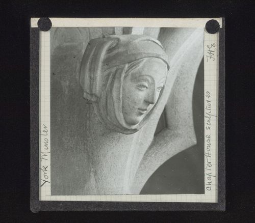 View of sculpture of woman's head in Chapter House of York Minster, York, North Yorkshire, England