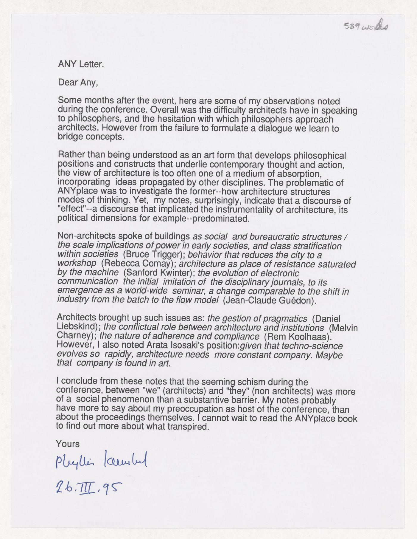 Letter from Phyllis Lambert to Any following the Anyplace conference