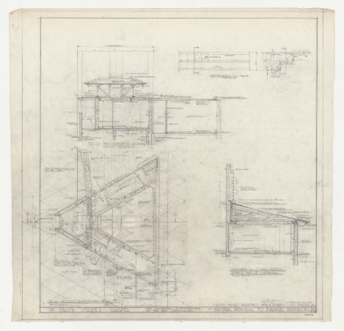 Wayfarers' Chapel, Palos Verdes, California: Plan for soffits and lofts for the vestry and campanile, sections through the vestry, and details for footing beams