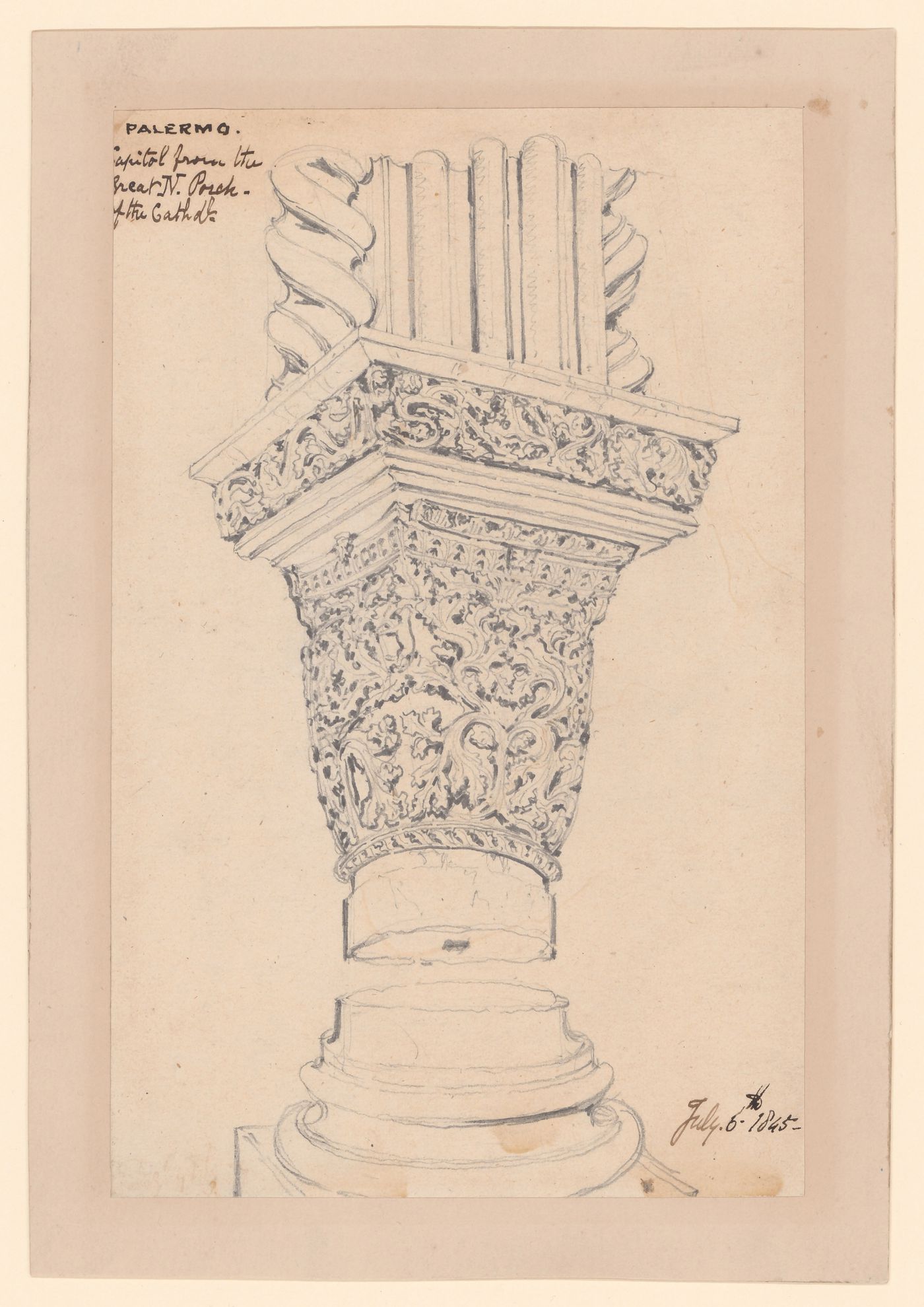 Details of the base, capital and entablature of a Corinthian column from the south porch, Palermo Cathedral, Italy
