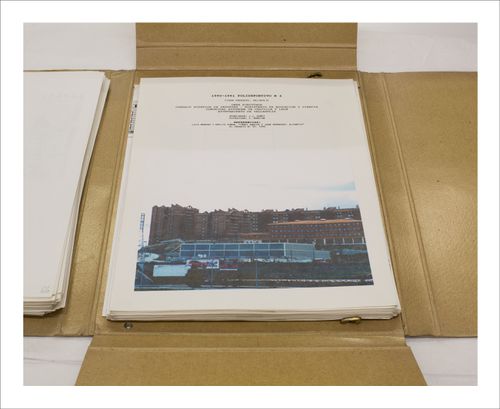 Proofs of Relevance: View of a photographic layout  for a portfolio showing the Parquesol Sports Hall, Abalos & Herreros (1988-1991), Valladolid, Spain