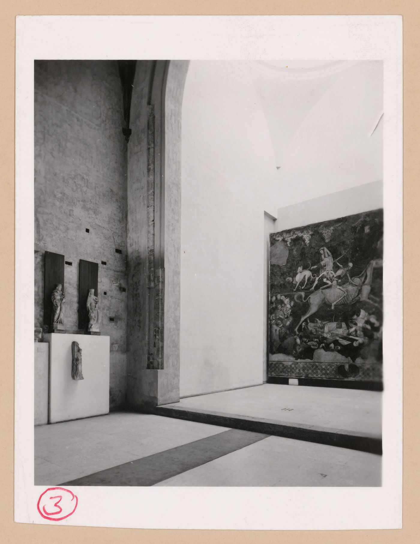 Interior view of a gallery showing a painting and sculptures, Palazzo Abatellis, Galleria regionale della Sicilia, Palermo, Italy