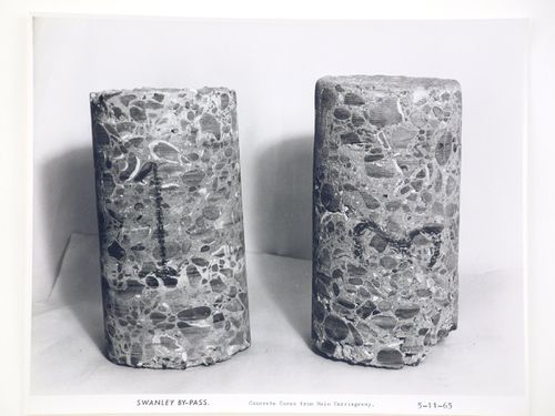 Studio view of concrete cores from main carriageway of the Swanley Bypass, England